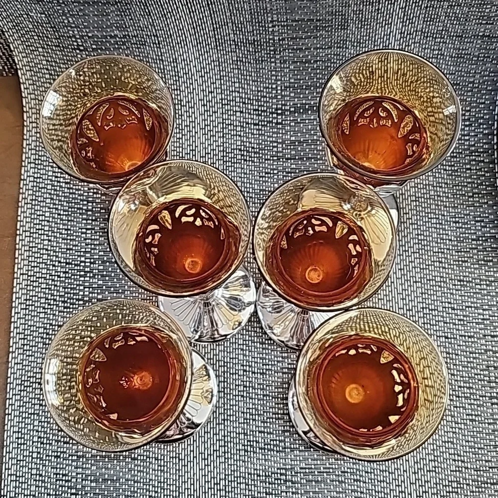 Vintage Farber Brothers Amber Silver Stems Glassware 6 Cordial Sherry Glasses